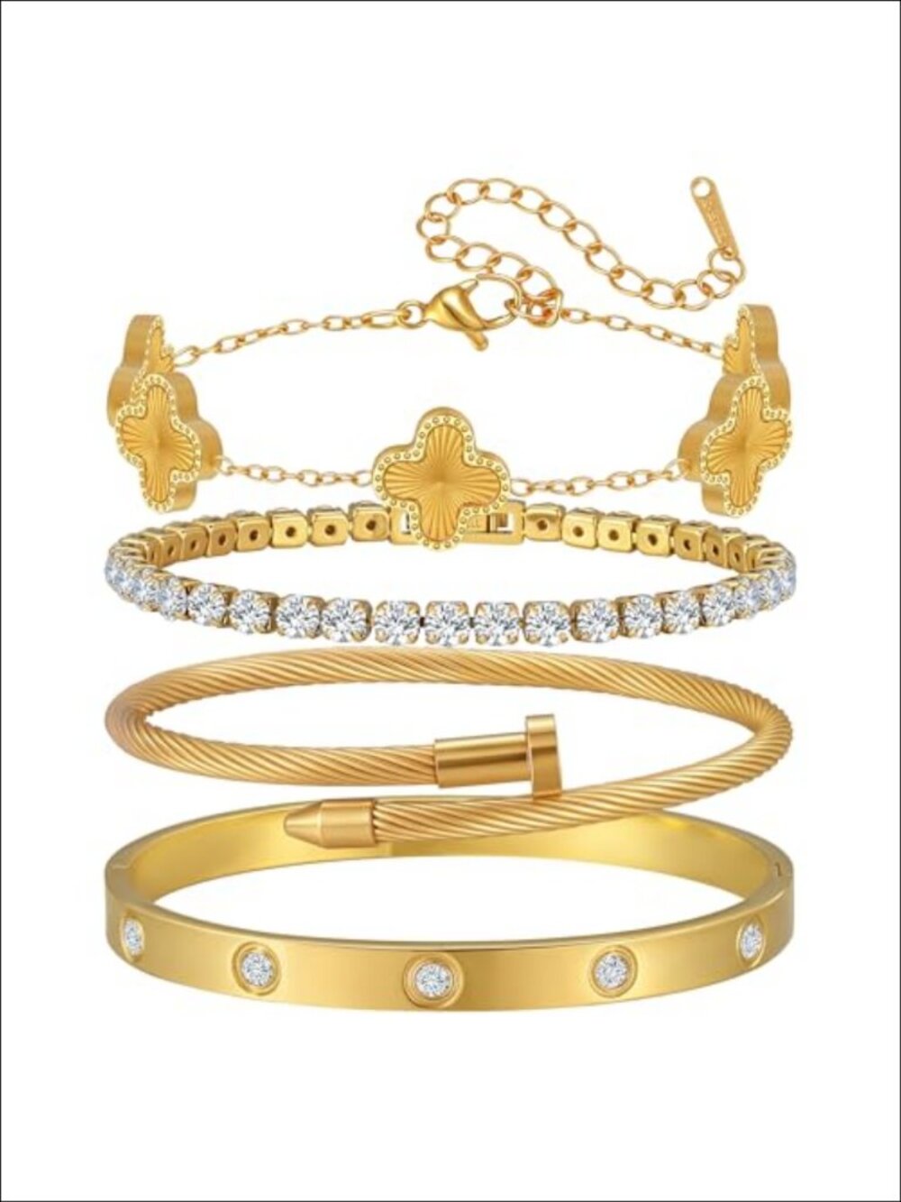 18K Gold Plated Stackable Bangle Bracelet Set 4pc Stainless Steel